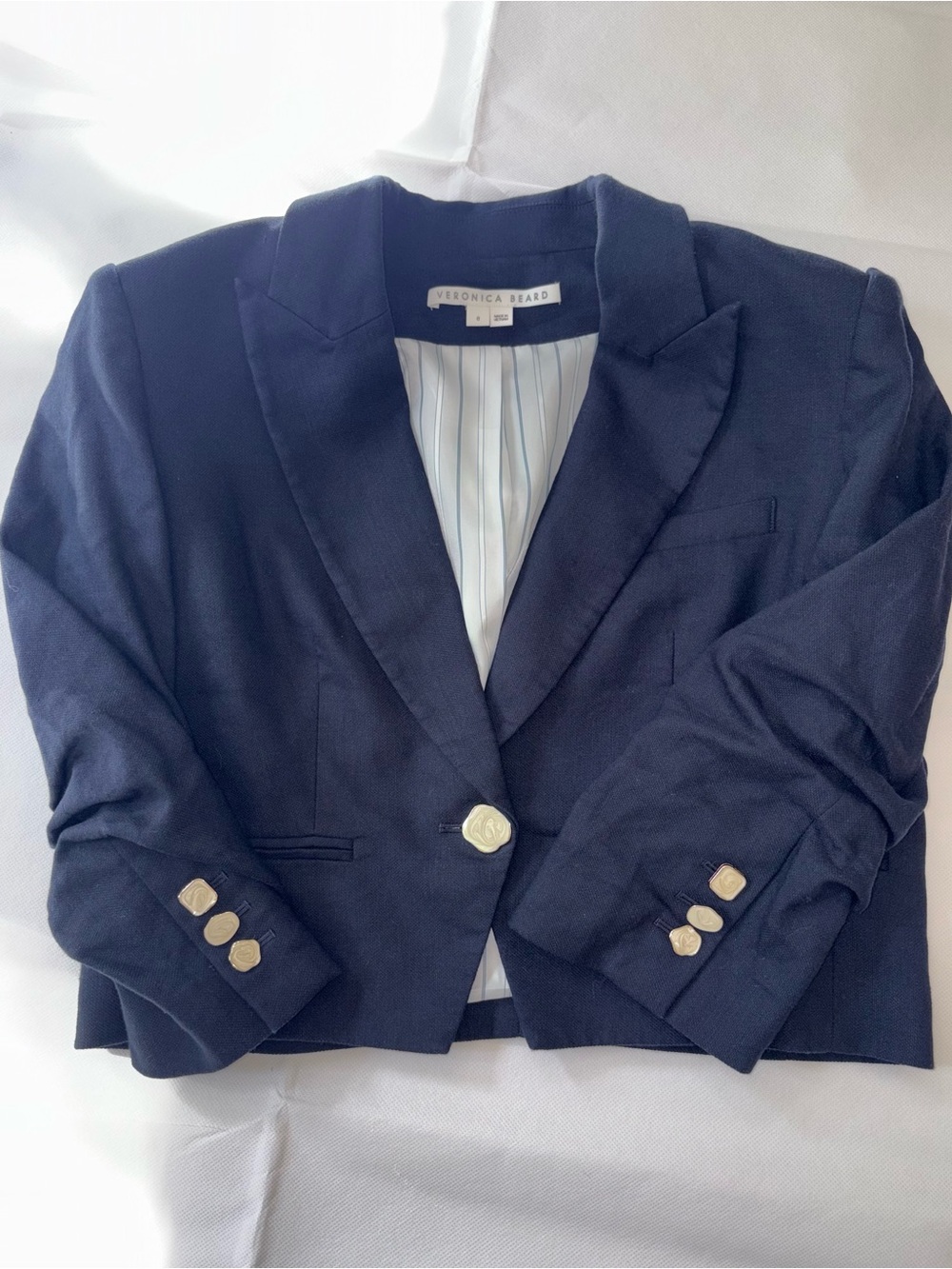 Veronica Beard Navy Cropped Ruched Sleeve Blazer Jacket Size 8 Gold Button